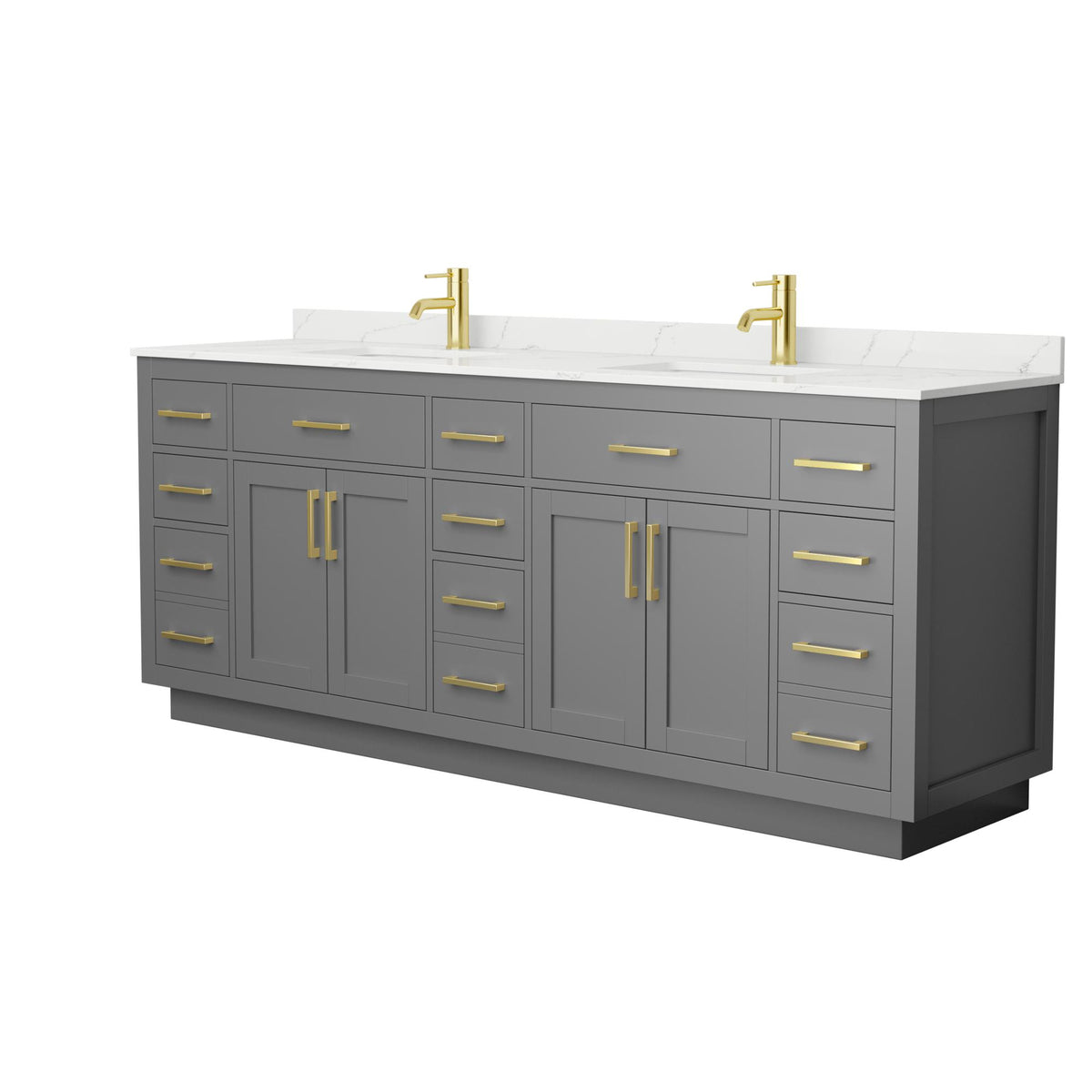 Wyndham Collection Beckett TK 84" Double Bathroom Vanity With Toe Kick in Dark Gray, Giotto Quartz Countertop, Undermount Square Sinks (1-Hole), Brushed Gold Trim