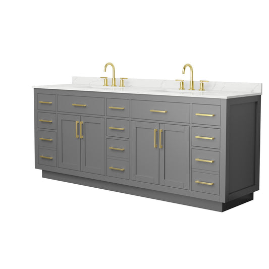 Wyndham Collection Beckett TK 84" Double Bathroom Vanity With Toe Kick in Dark Gray, Giotto Quartz Countertop, Undermount Square Sinks (3-Hole), Brushed Gold Trim