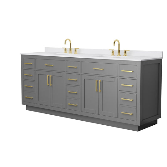 Wyndham Collection Beckett TK 84" Double Bathroom Vanity With Toe Kick in Dark Gray, White Cultured Marble Countertop, Undermount Square Sinks (3-Hole), Brushed Gold Trim