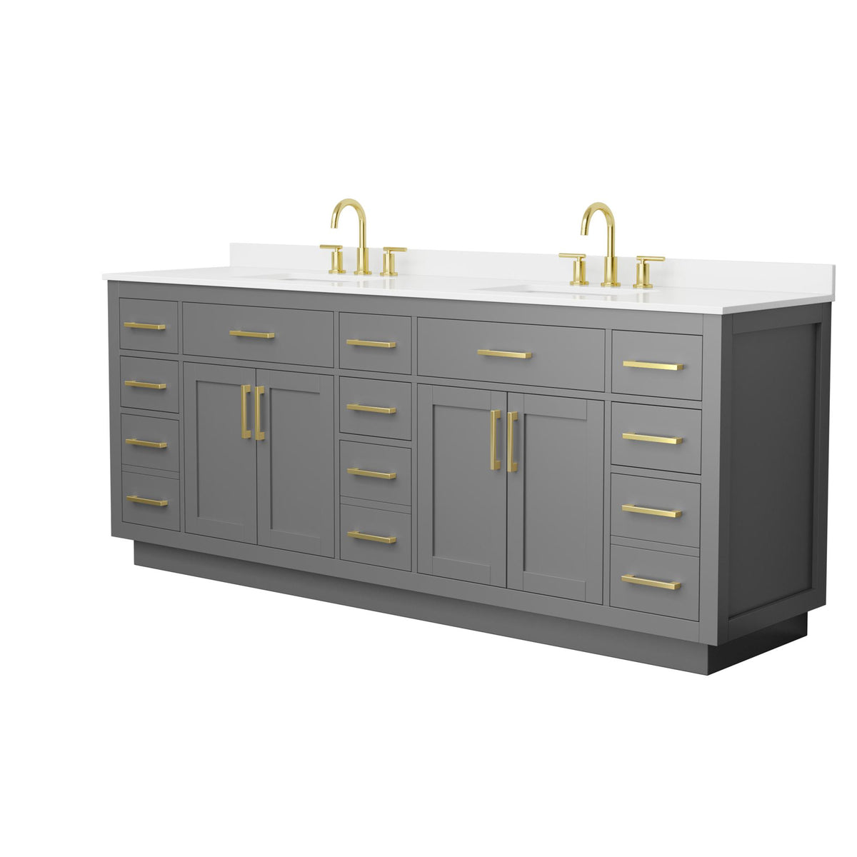 Wyndham Collection Beckett TK 84" Double Bathroom Vanity With Toe Kick in Dark Gray, White Quartz Countertop, Undermount Square Sinks (3-Hole), Brushed Gold Trim