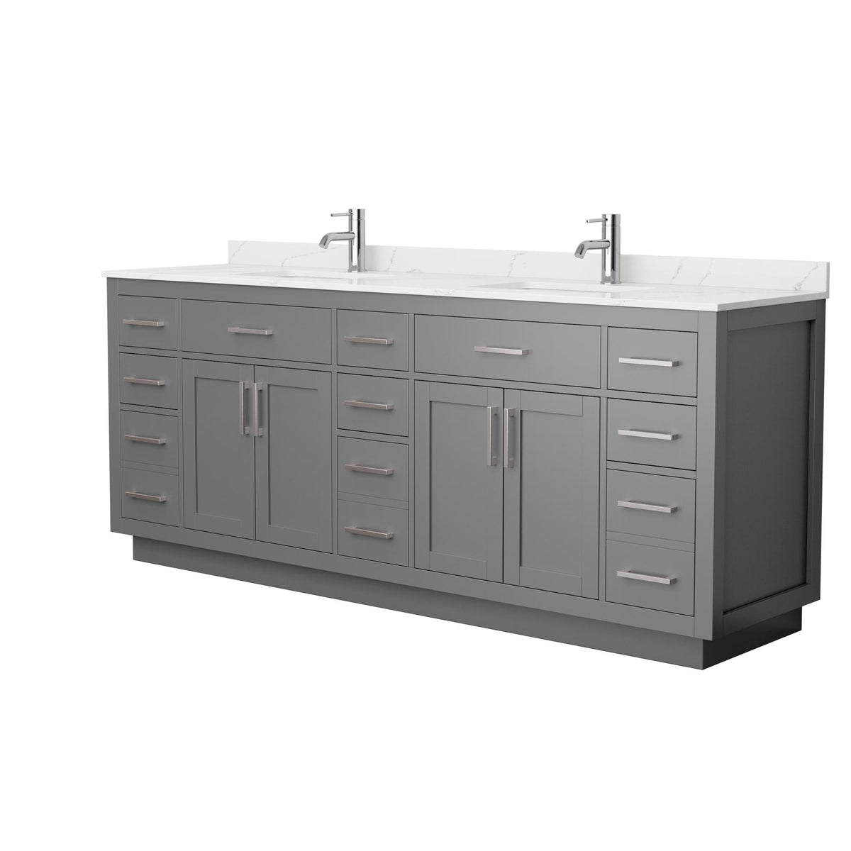 Wyndham Collection Beckett TK 84" Double Bathroom Vanity With Toe Kick in Dark Gray, Giotto Quartz Countertop, Undermount Square Sinks (1-Hole), Brushed Nickel Trim