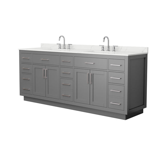 Wyndham Collection Beckett TK 84" Double Bathroom Vanity With Toe Kick in Dark Gray, Giotto Quartz Countertop, Undermount Square Sinks (3-Hole), Brushed Nickel Trim