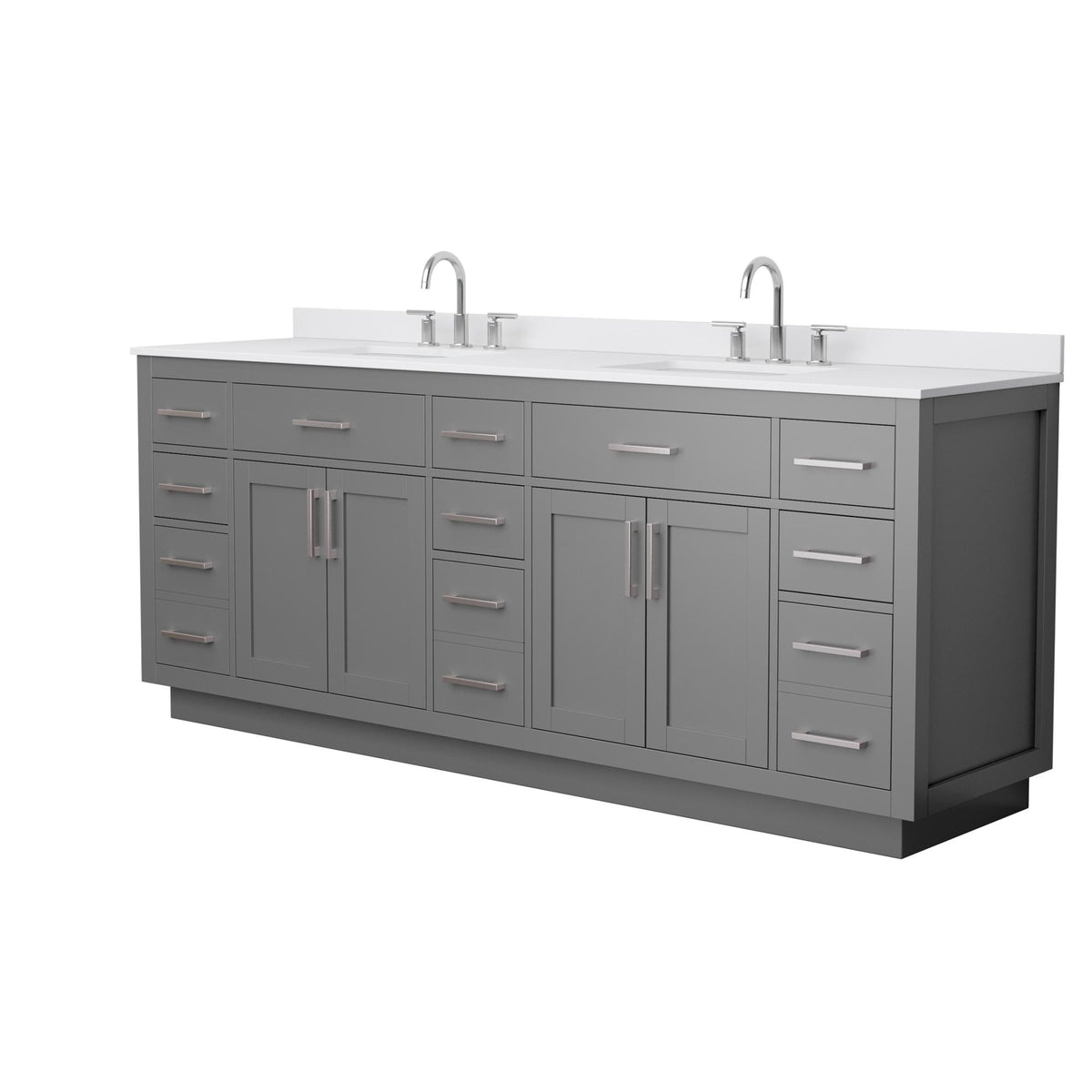 Wyndham Collection Beckett TK 84" Double Bathroom Vanity With Toe Kick in Dark Gray, White Cultured Marble Countertop, Undermount Square Sinks (3-Hole), Brushed Nickel Trim