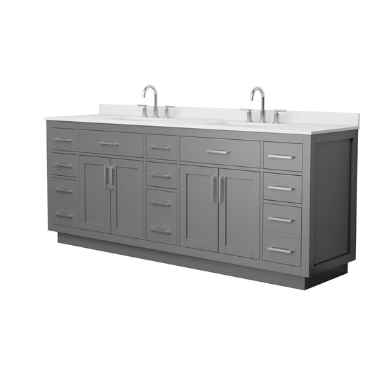 Wyndham Collection Beckett TK 84" Double Bathroom Vanity With Toe Kick in Dark Gray, White Cultured Marble Countertop, Undermount Square Sinks (3-Hole), Brushed Nickel Trim