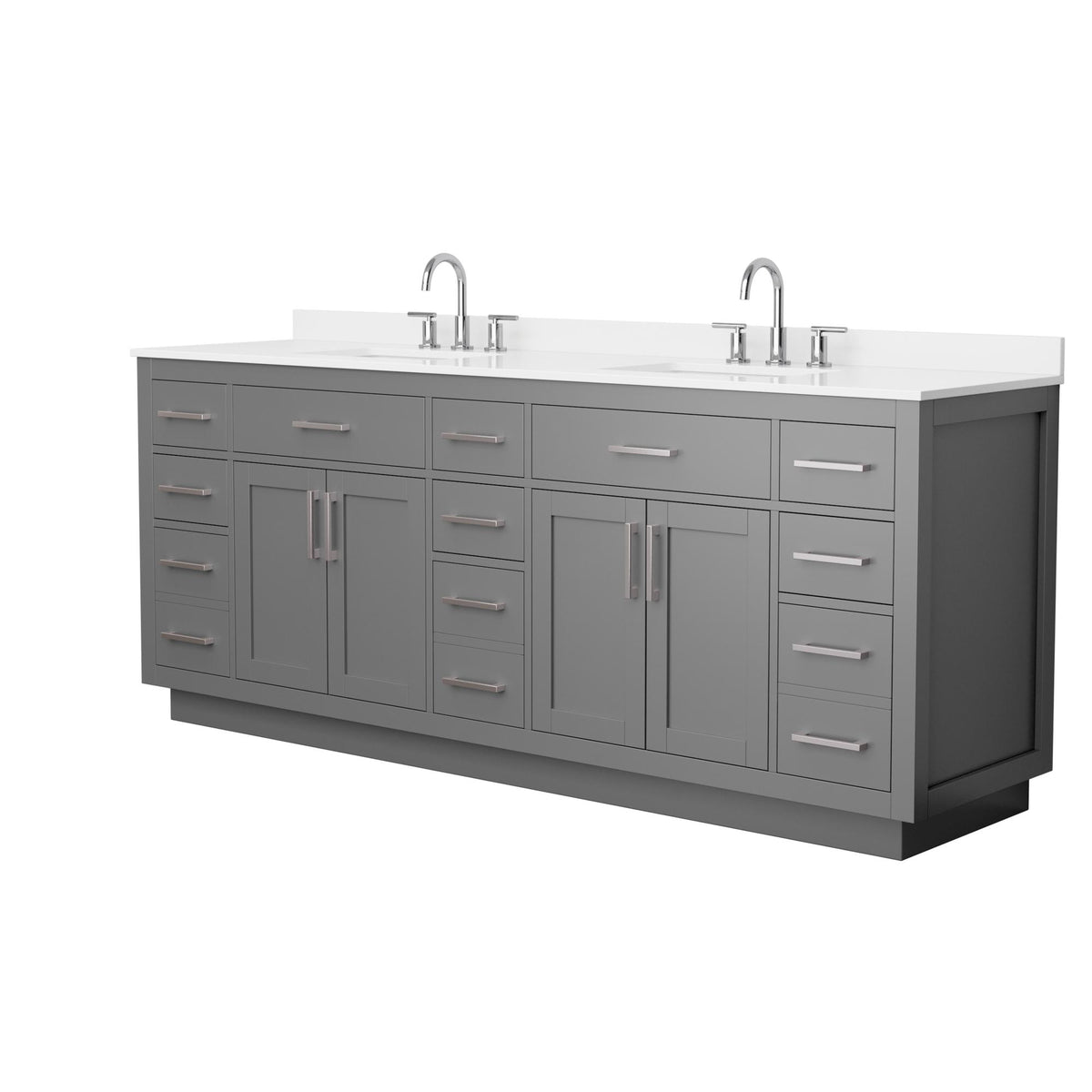 Wyndham Collection Beckett TK 84" Double Bathroom Vanity With Toe Kick in Dark Gray, White Quartz Countertop, Undermount Square Sinks (3-Hole), Brushed Nickel Trim