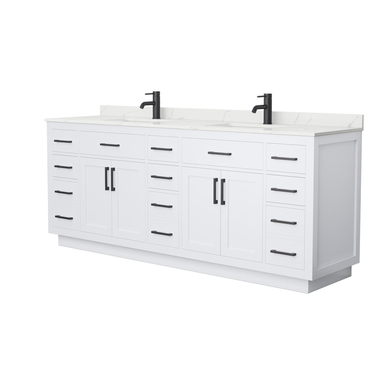 Wyndham Collection Beckett TK 84" Double Bathroom Vanity With Toe Kick in White, Giotto Quartz Countertop, Undermount Square Sinks (1-Hole), Matte Black Trim