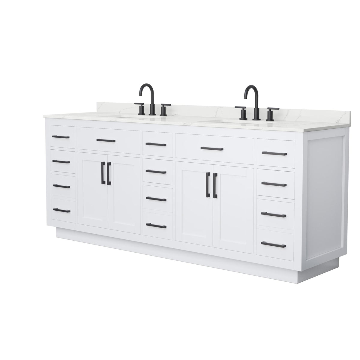 Wyndham Collection Beckett TK 84" Double Bathroom Vanity With Toe Kick in White, Giotto Quartz Countertop, Undermount Square Sinks (3-Hole), Matte Black Trim