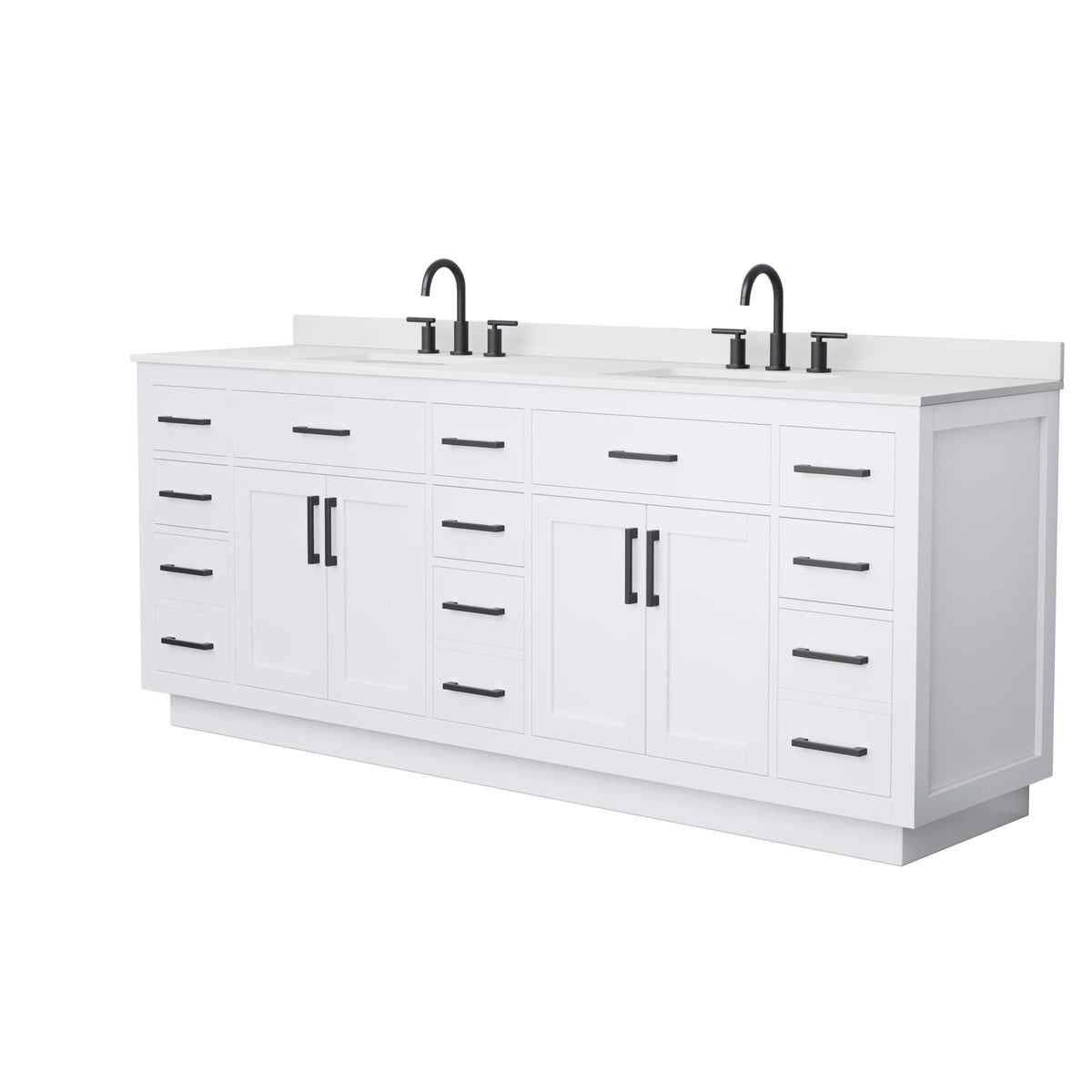 Wyndham Collection Beckett TK 84" Double Bathroom Vanity With Toe Kick in White, White Cultured Marble Countertop, Undermount Square Sinks (3-Hole), Matte Black Trim