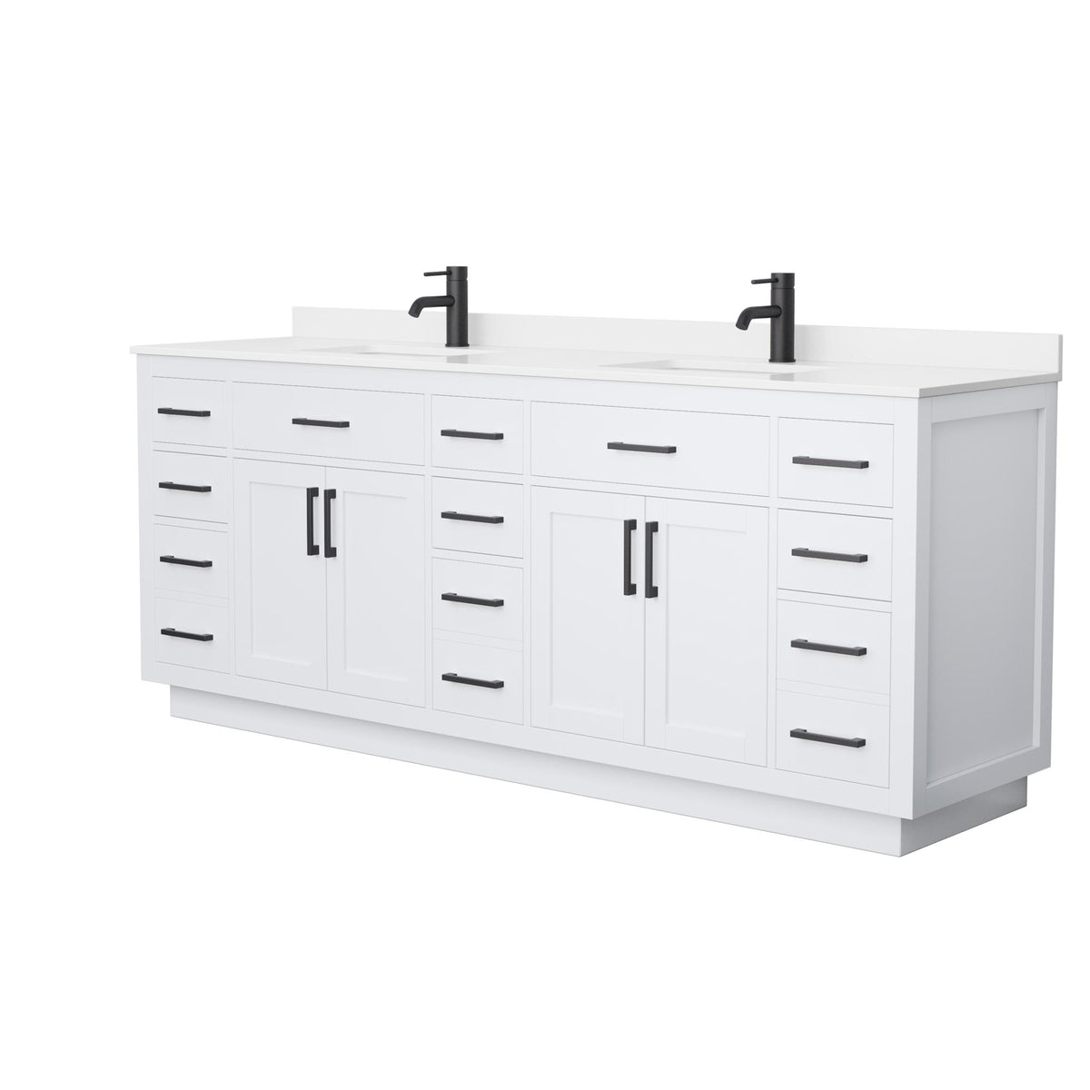 Wyndham Collection Beckett TK 84" Double Bathroom Vanity With Toe Kick in White, White Quartz Countertop, Undermount Square Sinks (1-Hole), Matte Black Trim