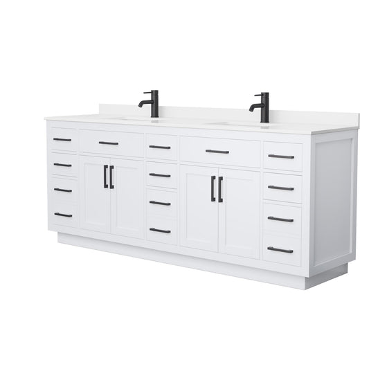 Wyndham Collection Beckett TK 84" Double Bathroom Vanity With Toe Kick in White, White Quartz Countertop, Undermount Square Sinks (1-Hole), Matte Black Trim