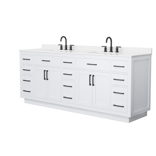 Wyndham Collection Beckett TK 84" Double Bathroom Vanity With Toe Kick in White, White Quartz Countertop, Undermount Square Sinks (3-Hole), Matte Black Trim