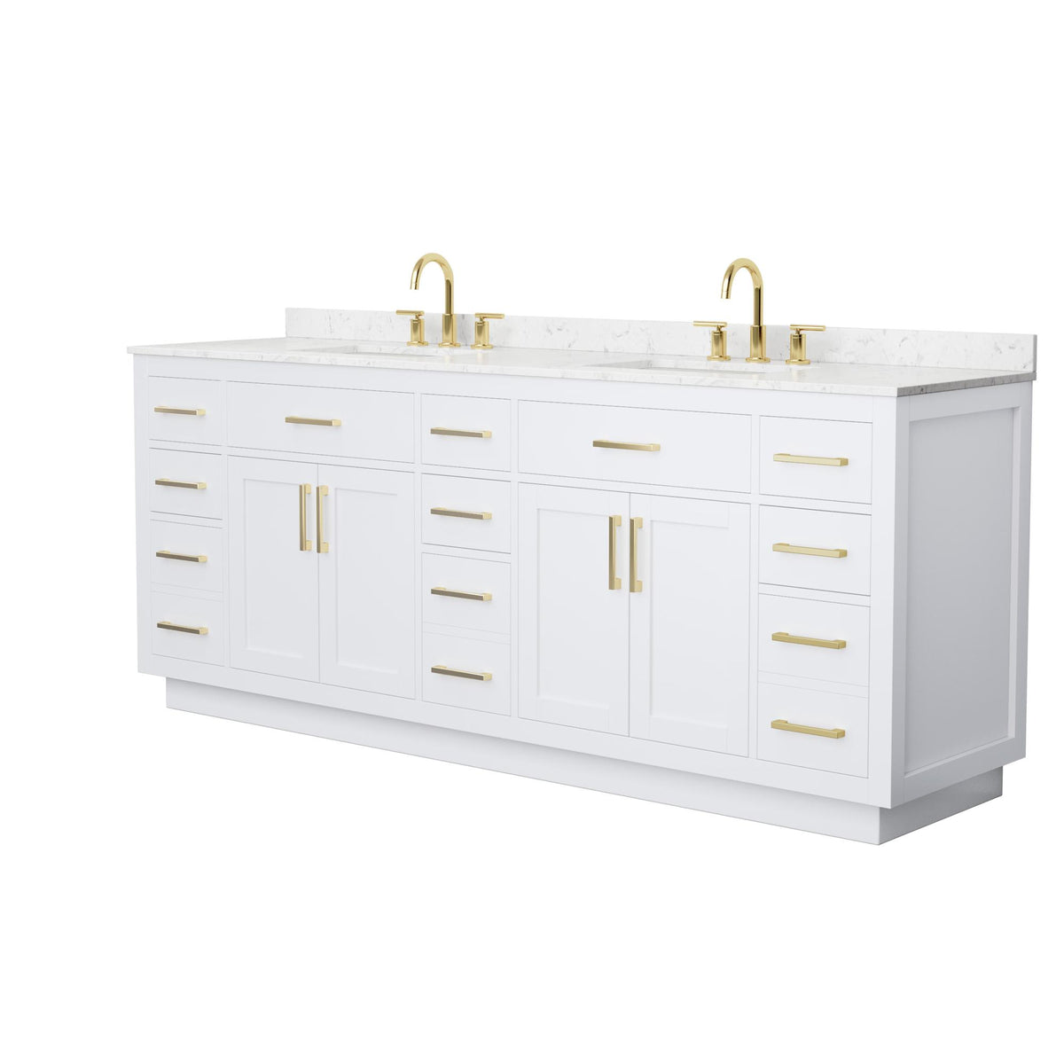 Wyndham Collection Beckett TK 84" Double Bathroom Vanity With Toe Kick in White, Carrara Cultured Marble Countertop, Undermount Square Sinks (3-Hole), Brushed Gold Trim