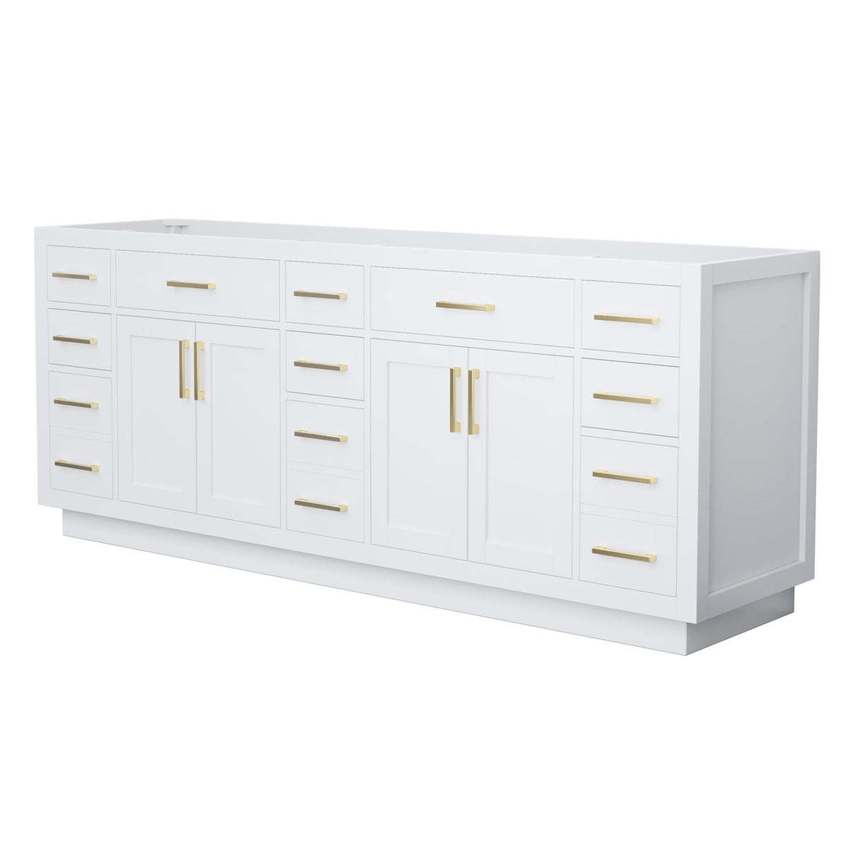 Wyndham Collection Beckett TK 84" Double Bathroom Vanity With Toe Kick in White, No Countertop, No Sinks, Brushed Gold Trim