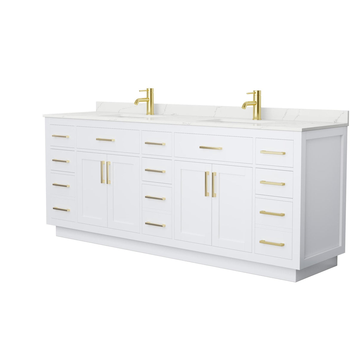 Wyndham Collection Beckett TK 84" Double Bathroom Vanity With Toe Kick in White, Giotto Quartz Countertop, Undermount Square Sinks (1-Hole), Brushed Gold Trim