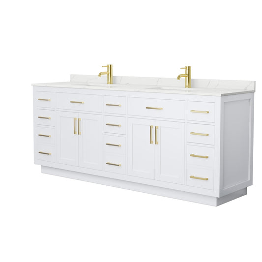 Wyndham Collection Beckett TK 84" Double Bathroom Vanity With Toe Kick in White, Giotto Quartz Countertop, Undermount Square Sinks (1-Hole), Brushed Gold Trim