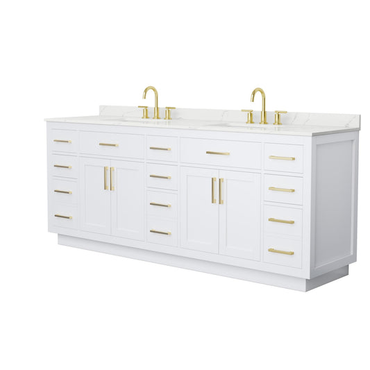 Wyndham Collection Beckett TK 84" Double Bathroom Vanity With Toe Kick in White, Giotto Quartz Countertop, Undermount Square Sinks (3-Hole), Brushed Gold Trim