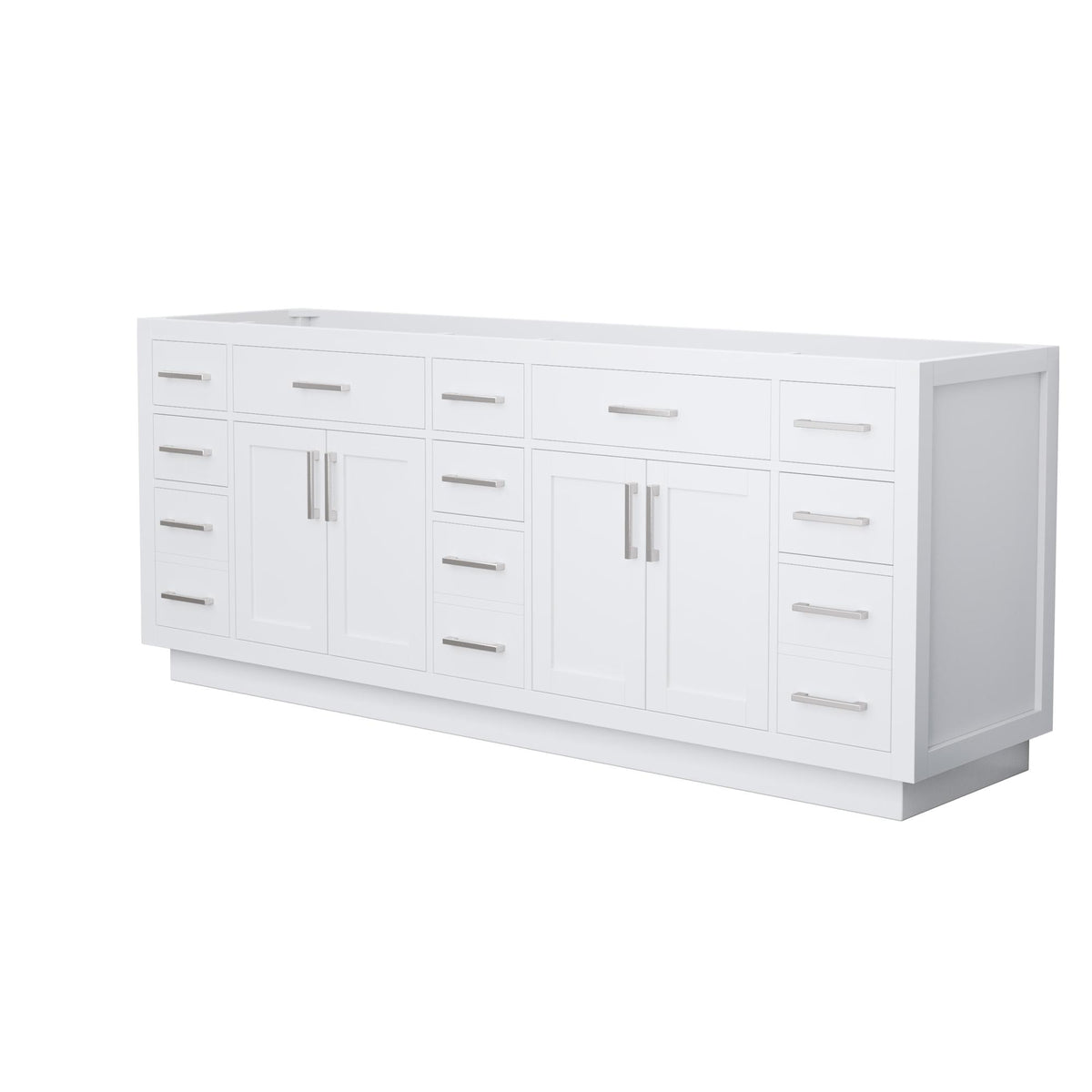 Wyndham Collection Beckett TK 84" Double Bathroom Vanity With Toe Kick in White, No Countertop, No Sinks, Brushed Nickel Trim