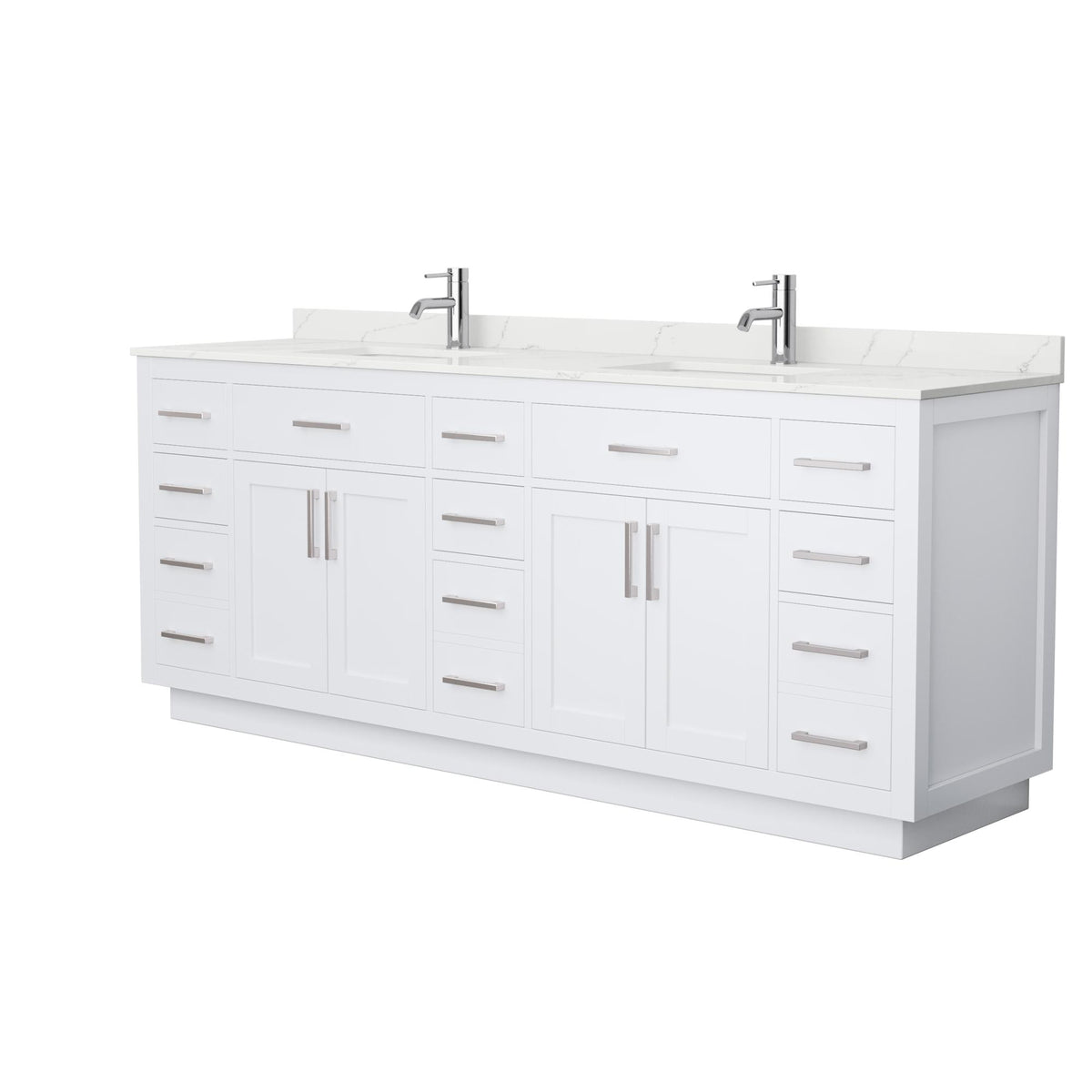 Wyndham Collection Beckett TK 84" Double Bathroom Vanity With Toe Kick in White, Giotto Quartz Countertop, Undermount Square Sinks (1-Hole), Brushed Nickel Trim