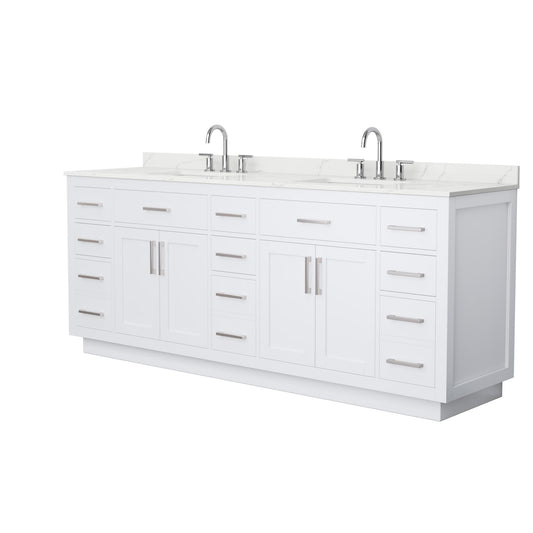 Wyndham Collection Beckett TK 84" Double Bathroom Vanity With Toe Kick in White, Giotto Quartz Countertop, Undermount Square Sinks (3-Hole), Brushed Nickel Trim
