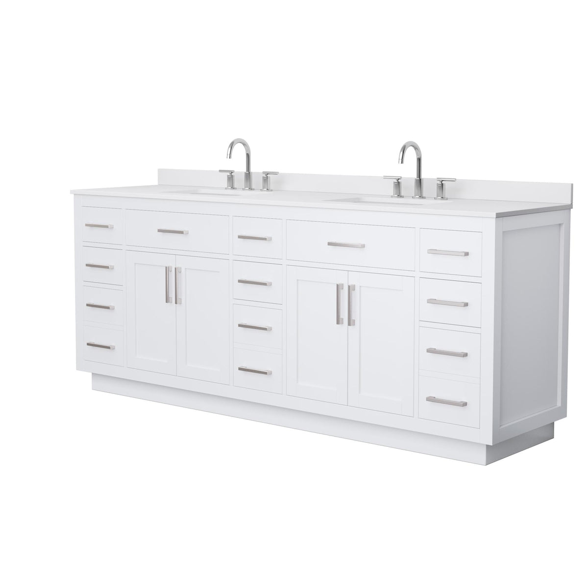 Wyndham Collection Beckett TK 84" Double Bathroom Vanity With Toe Kick in White, White Cultured Marble Countertop, Undermount Square Sinks (3-Hole), Brushed Nickel Trim