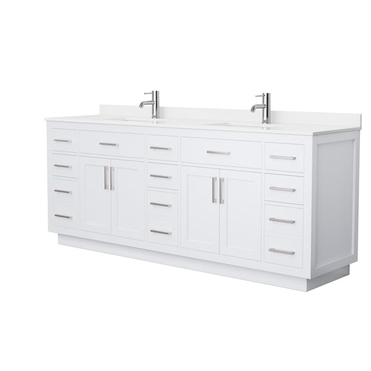 Wyndham Collection Beckett TK 84" Double Bathroom Vanity With Toe Kick in White, White Quartz Countertop, Undermount Square Sinks (1-Hole), Brushed Nickel Trim