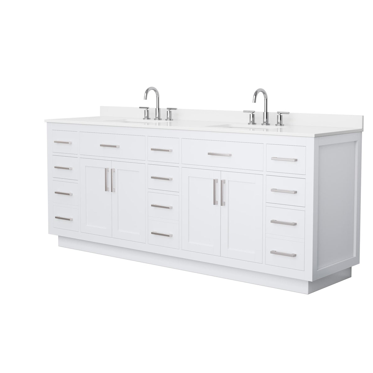 Wyndham Collection Beckett TK 84" Double Bathroom Vanity With Toe Kick in White, White Quartz Countertop, Undermount Square Sinks (3-Hole), Brushed Nickel Trim