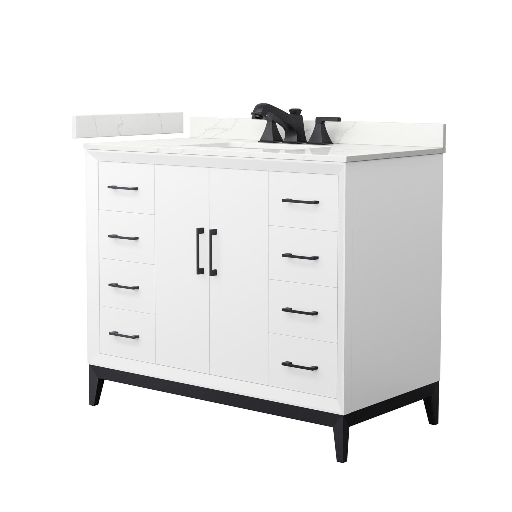 Wyndham Collection Amici 42" Single Bathroom Vanity in White, Giotto Quartz Countertop, Undermount Square Sink (3-Hole), Matte Black Trim