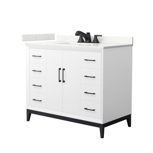 Wyndham Collection Amici 42" Single Bathroom Vanity in White, Giotto Quartz Countertop, Undermount Square Sink (3-Hole), Matte Black Trim