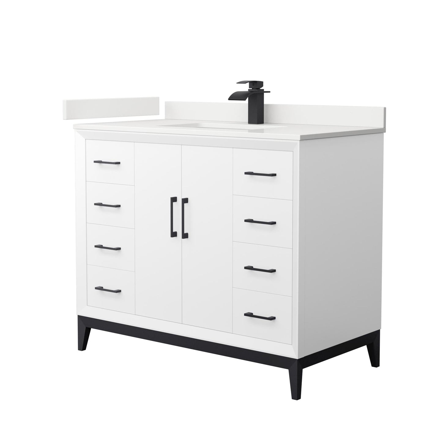 Wyndham Collection Amici 42" Single Bathroom Vanity in White, White Quartz Countertop, Undermount Square Sink (1-Hole), Matte Black Trim