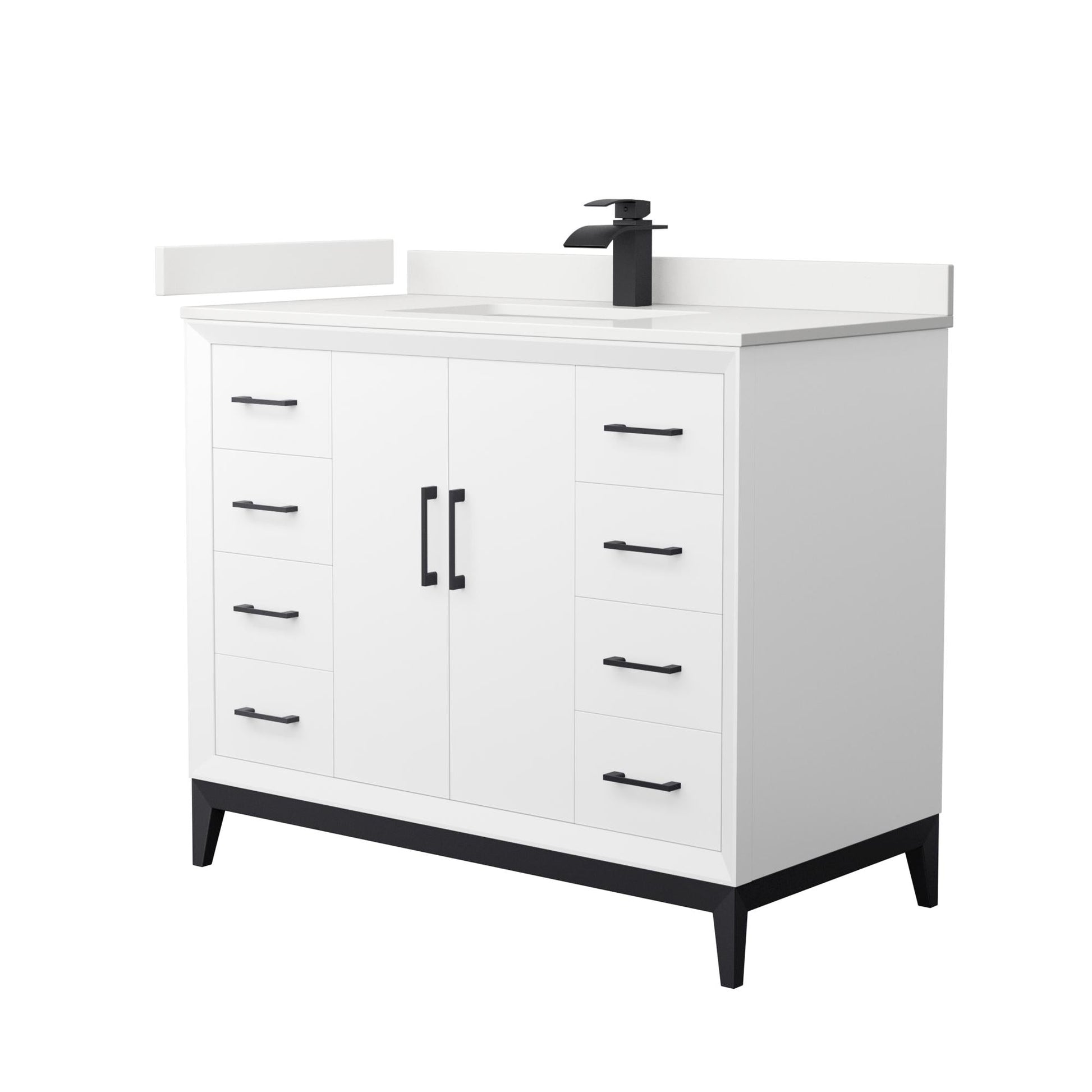 Wyndham Collection Amici 42" Single Bathroom Vanity in White, White Quartz Countertop, Undermount Square Sink (1-Hole), Matte Black Trim
