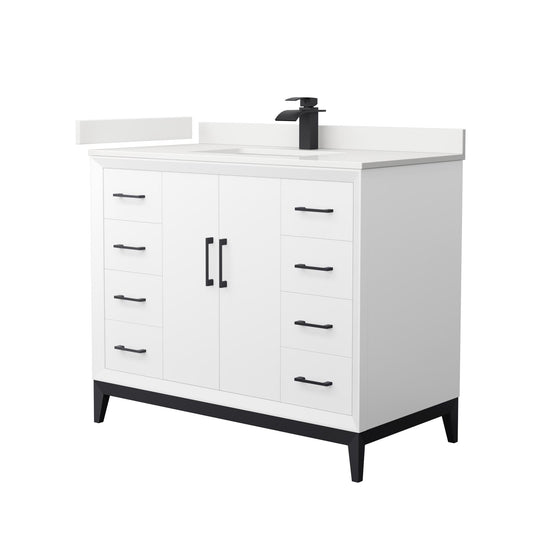 Wyndham Collection Amici 42" Single Bathroom Vanity in White, White Quartz Countertop, Undermount Square Sink (1-Hole), Matte Black Trim