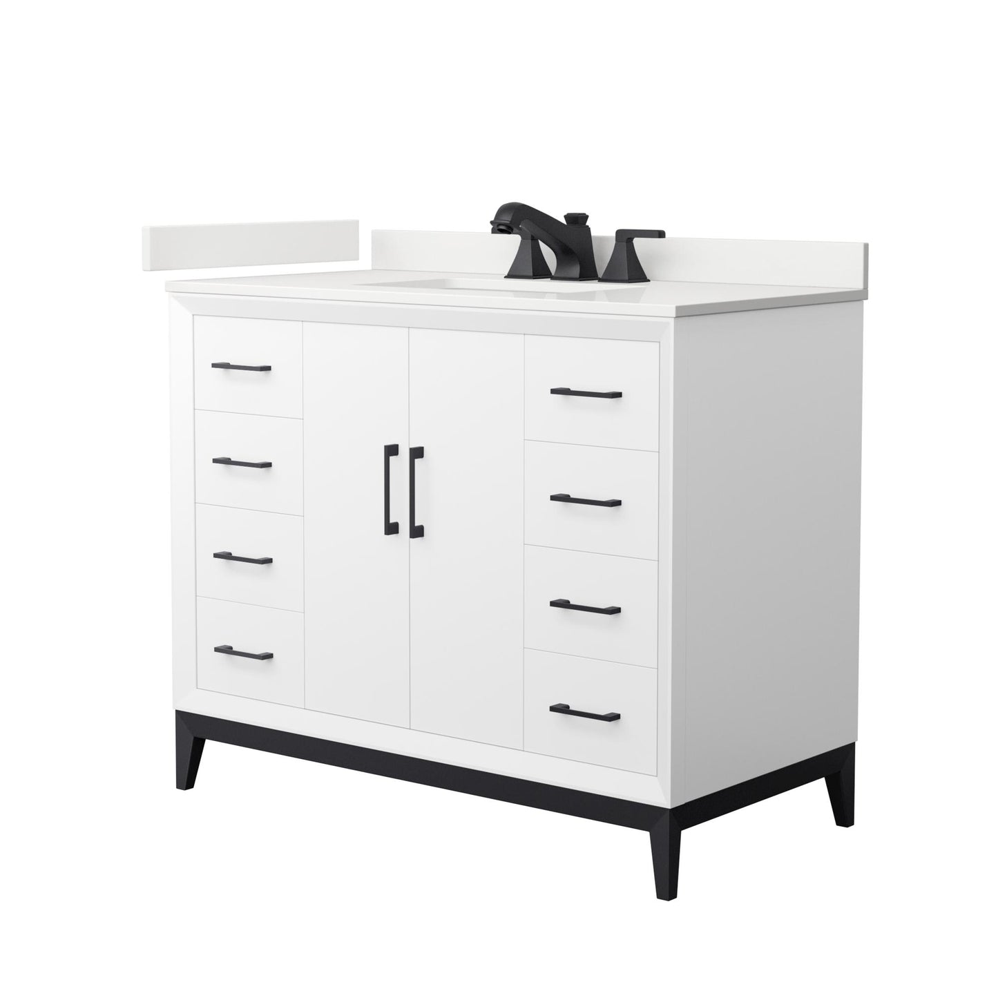 Wyndham Collection Amici 42" Single Bathroom Vanity in White, White Quartz Countertop, Undermount Square Sink (3-Hole), Matte Black Trim