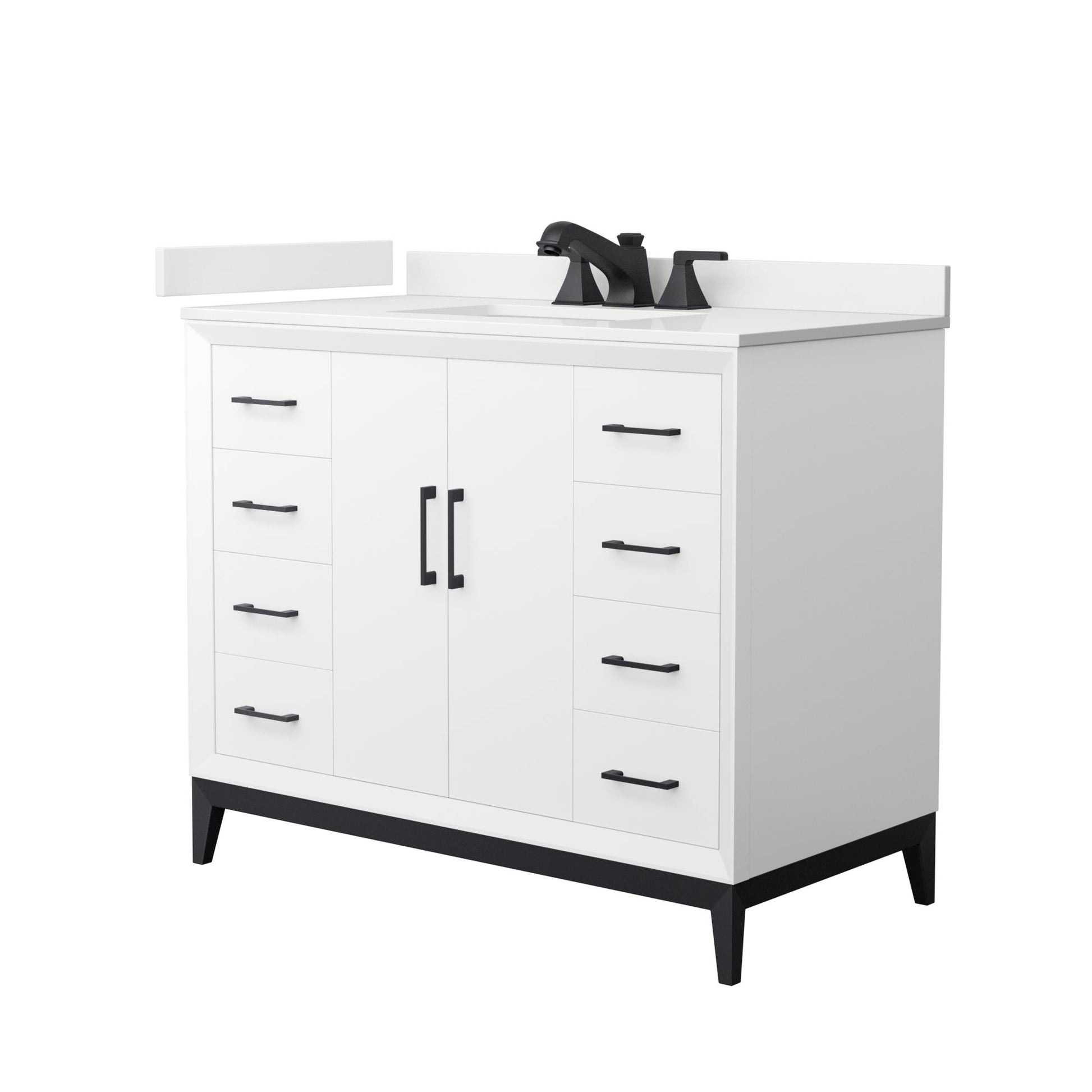 Wyndham Collection Amici 42" Single Bathroom Vanity in White, White Quartz Countertop, Undermount Square Sink (3-Hole), Matte Black Trim