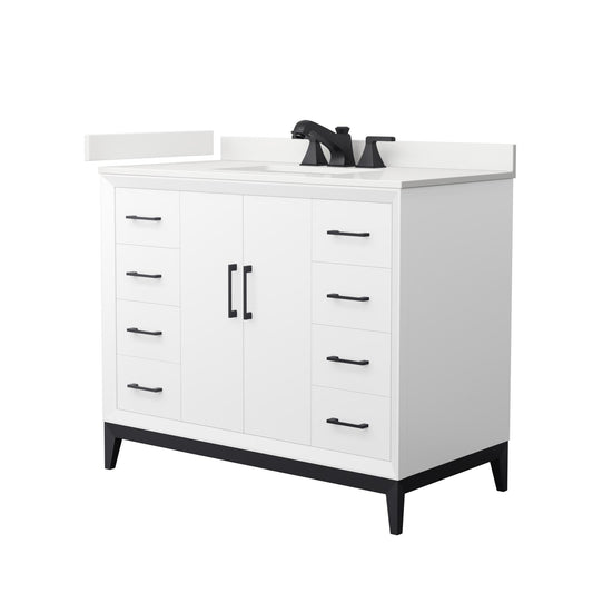 Wyndham Collection Amici 42" Single Bathroom Vanity in White, White Quartz Countertop, Undermount Square Sink (3-Hole), Matte Black Trim