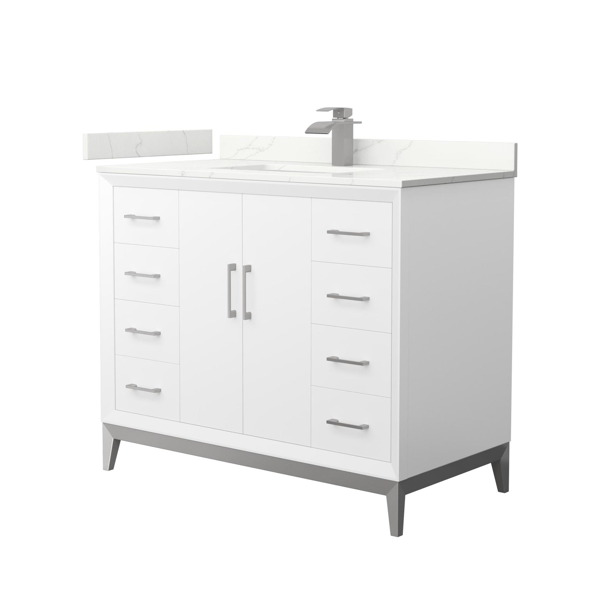 Wyndham Collection Amici 42" Single Bathroom Vanity in White, Giotto Quartz Countertop, Undermount Square Sink (1-Hole), Brushed Nickel Trim