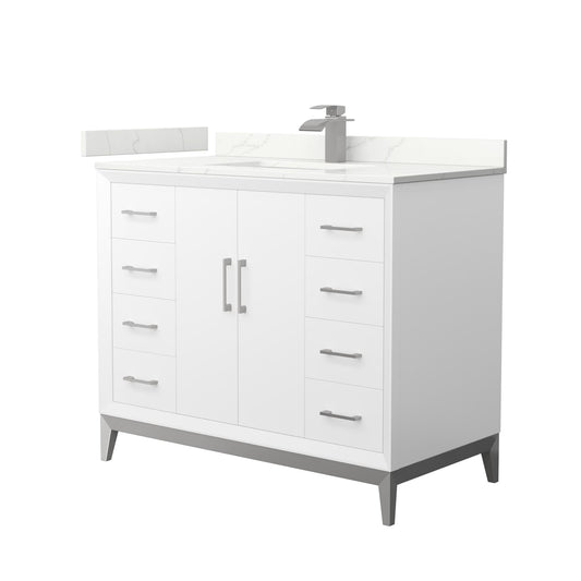 Wyndham Collection Amici 42" Single Bathroom Vanity in White, Giotto Quartz Countertop, Undermount Square Sink (1-Hole), Brushed Nickel Trim