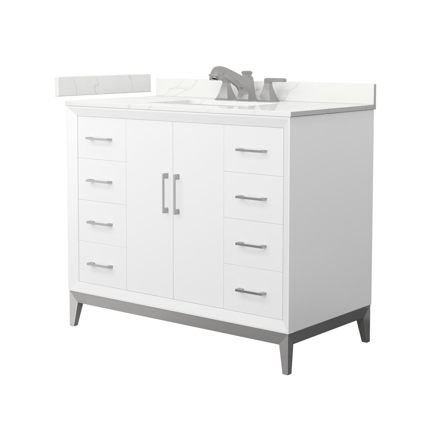 Wyndham Collection Amici 42" Single Bathroom Vanity in White, Giotto Quartz Countertop, Undermount Square Sink (3-Hole), Brushed Nickel Trim