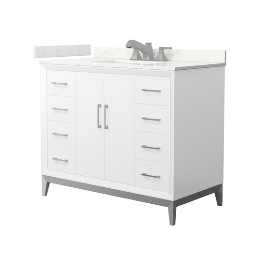 Wyndham Collection Amici 42" Single Bathroom Vanity in White, Giotto Quartz Countertop, Undermount Square Sink (3-Hole), Brushed Nickel Trim