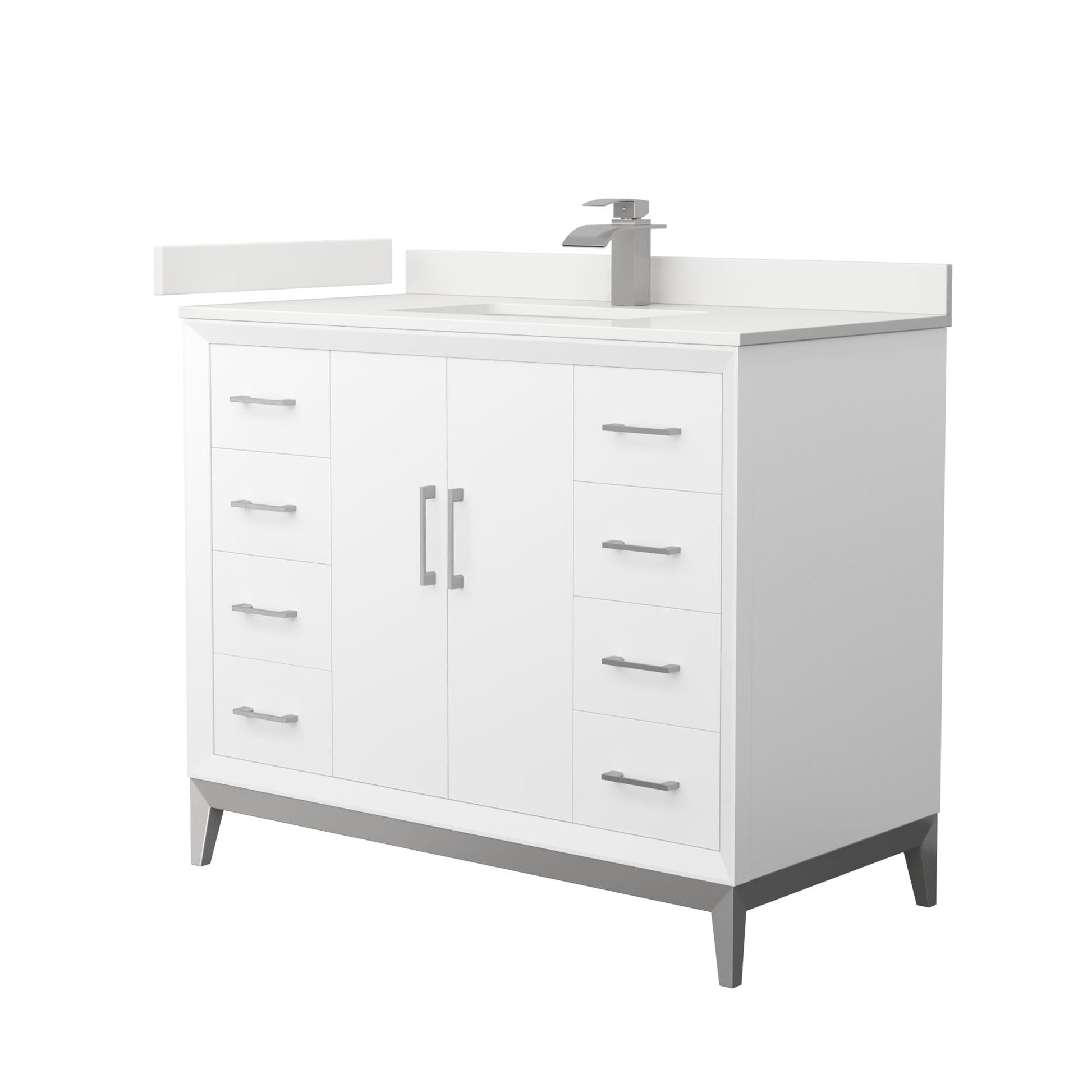 Wyndham Collection Amici 42" Single Bathroom Vanity in White, White Quartz Countertop, Undermount Square Sink (1-Hole), Brushed Nickel Trim