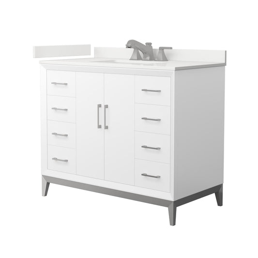 Wyndham Collection Amici 42" Single Bathroom Vanity in White, White Quartz Countertop, Undermount Square Sink (3-Hole), Brushed Nickel Trim