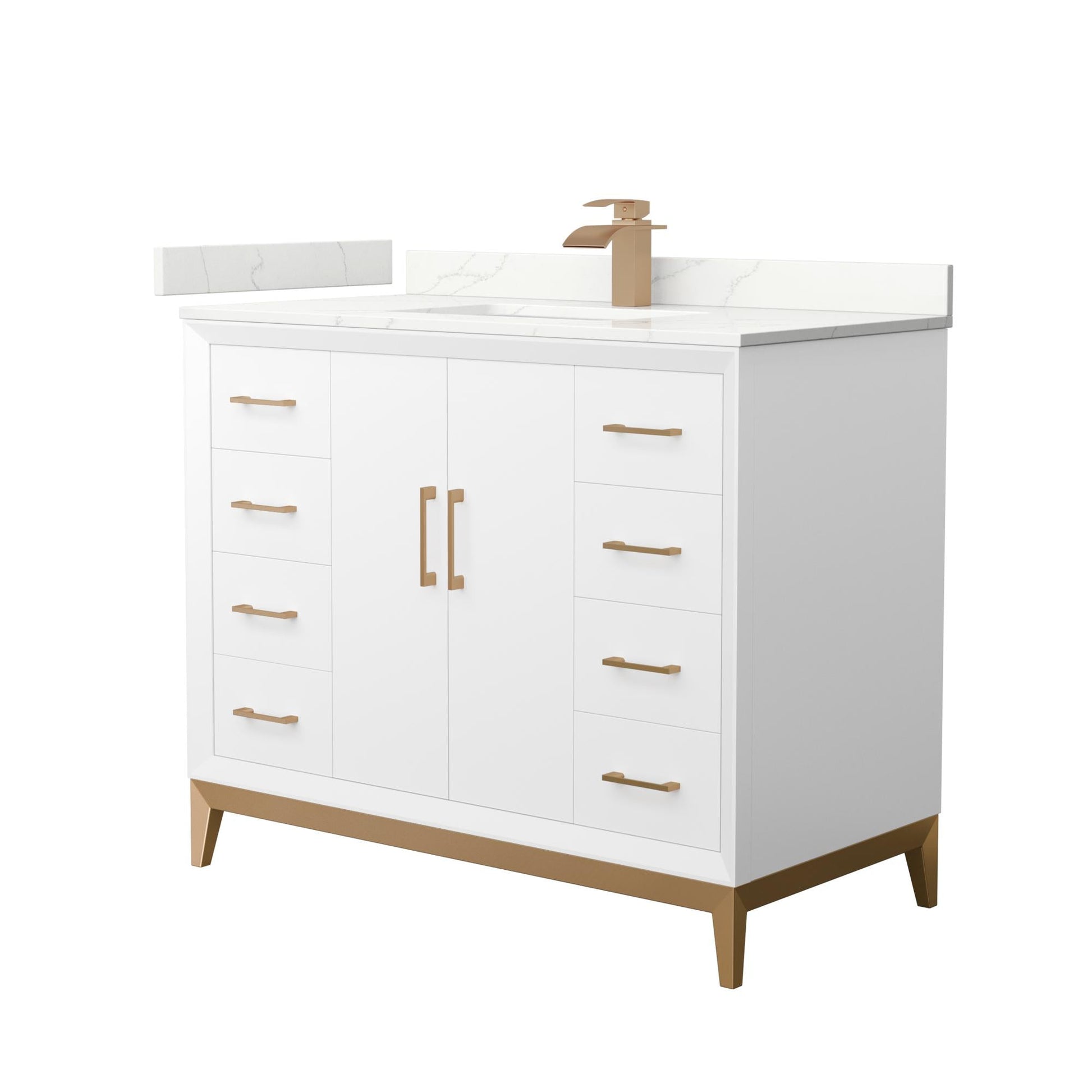 Wyndham Collection Amici 42" Single Bathroom Vanity in White, Giotto Quartz Countertop, Undermount Square Sink (1-Hole), Satin Bronze Trim