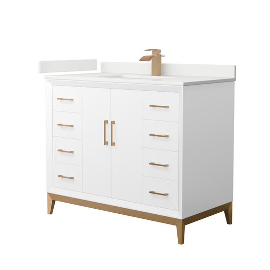 Wyndham Collection Amici 42" Single Bathroom Vanity in White, White Quartz Countertop, Undermount Square Sink (1-Hole), Satin Bronze Trim