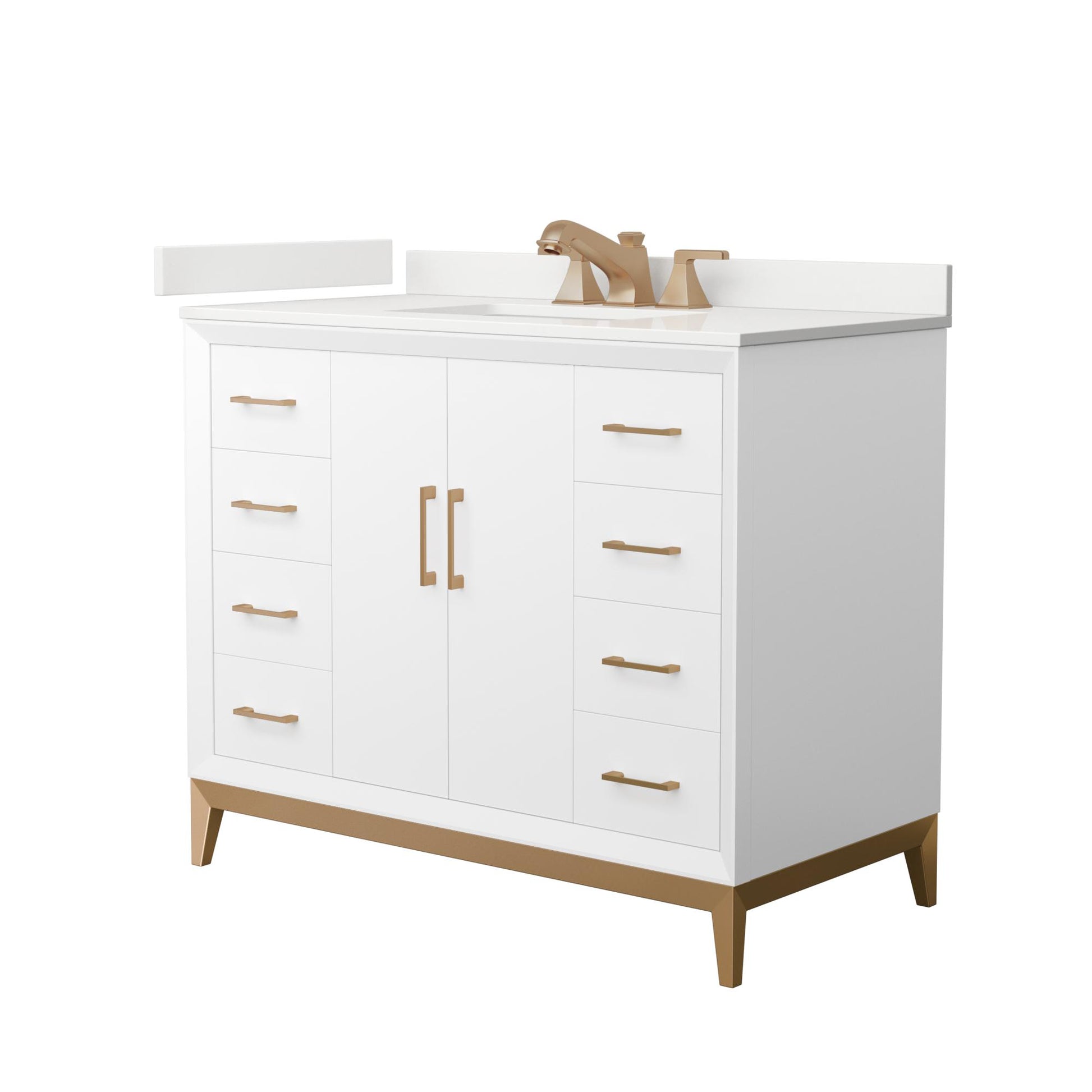 Wyndham Collection Amici 42" Single Bathroom Vanity in White, White Quartz Countertop, Undermount Square Sink (3-Hole), Satin Bronze Trim