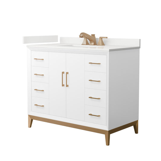 Wyndham Collection Amici 42" Single Bathroom Vanity in White, White Quartz Countertop, Undermount Square Sink (3-Hole), Satin Bronze Trim