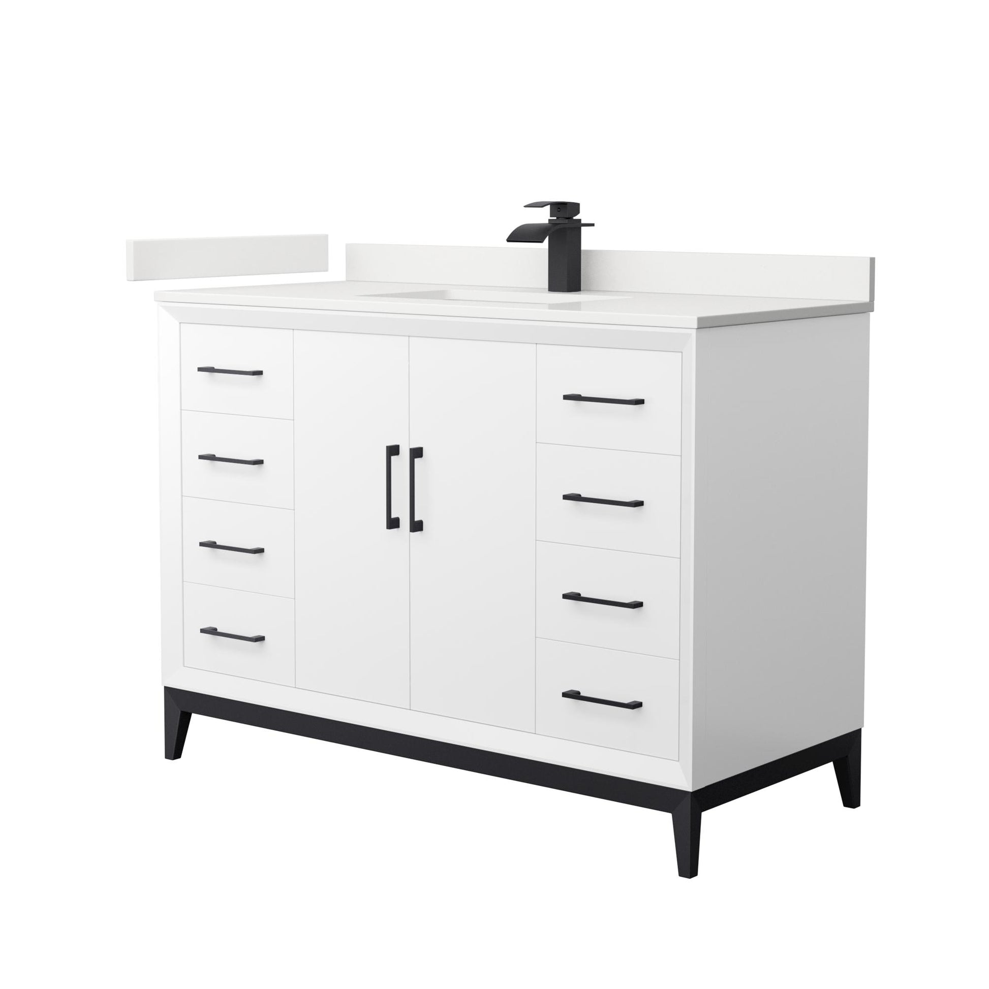 Wyndham Collection Amici 48" Single Bathroom Vanity in White, White Quartz Countertop, Undermount Square Sink (1-Hole), Matte Black Trim