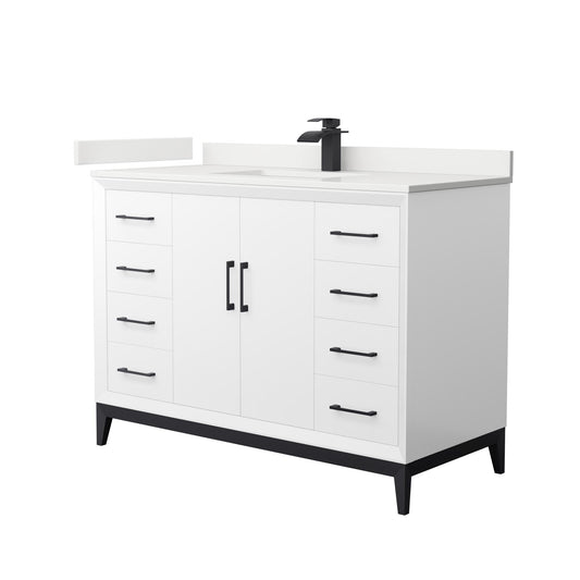 Wyndham Collection Amici 48" Single Bathroom Vanity in White, White Quartz Countertop, Undermount Square Sink (1-Hole), Matte Black Trim