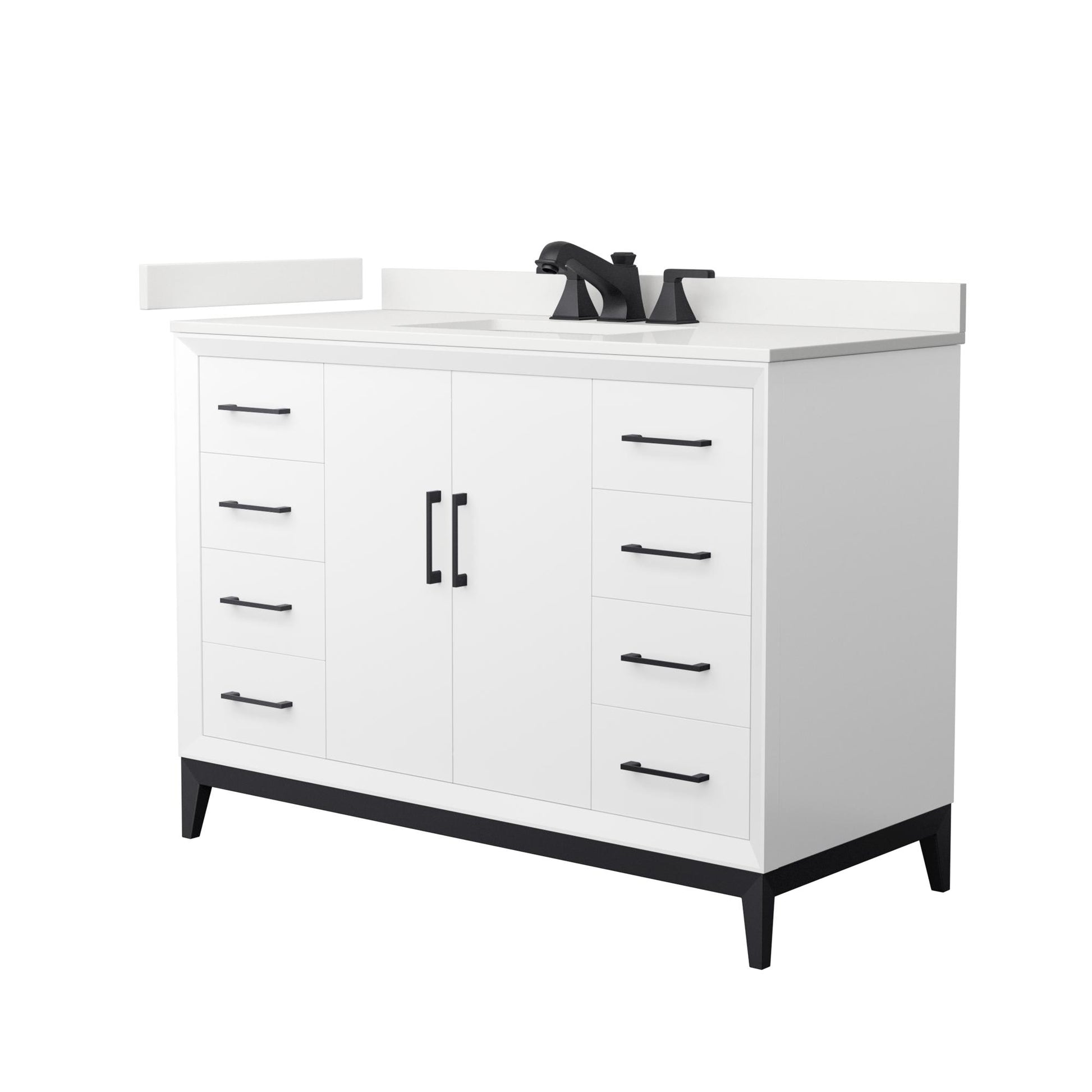 Wyndham Collection Amici 48" Single Bathroom Vanity in White, White Quartz Countertop, Undermount Square Sink (3-Hole), Matte Black Trim