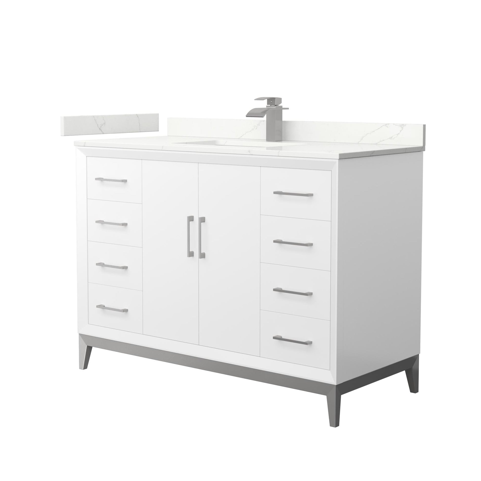 Wyndham Collection Amici 48" Single Bathroom Vanity in White, Giotto Quartz Countertop, Undermount Square Sink (1-Hole), Brushed Nickel Trim