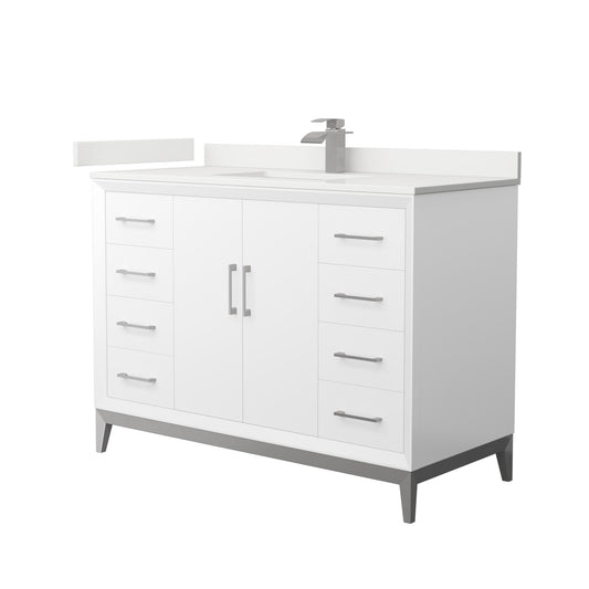 Wyndham Collection Amici 48" Single Bathroom Vanity in White, White Quartz Countertop, Undermount Square Sink (1-Hole), Brushed Nickel Trim