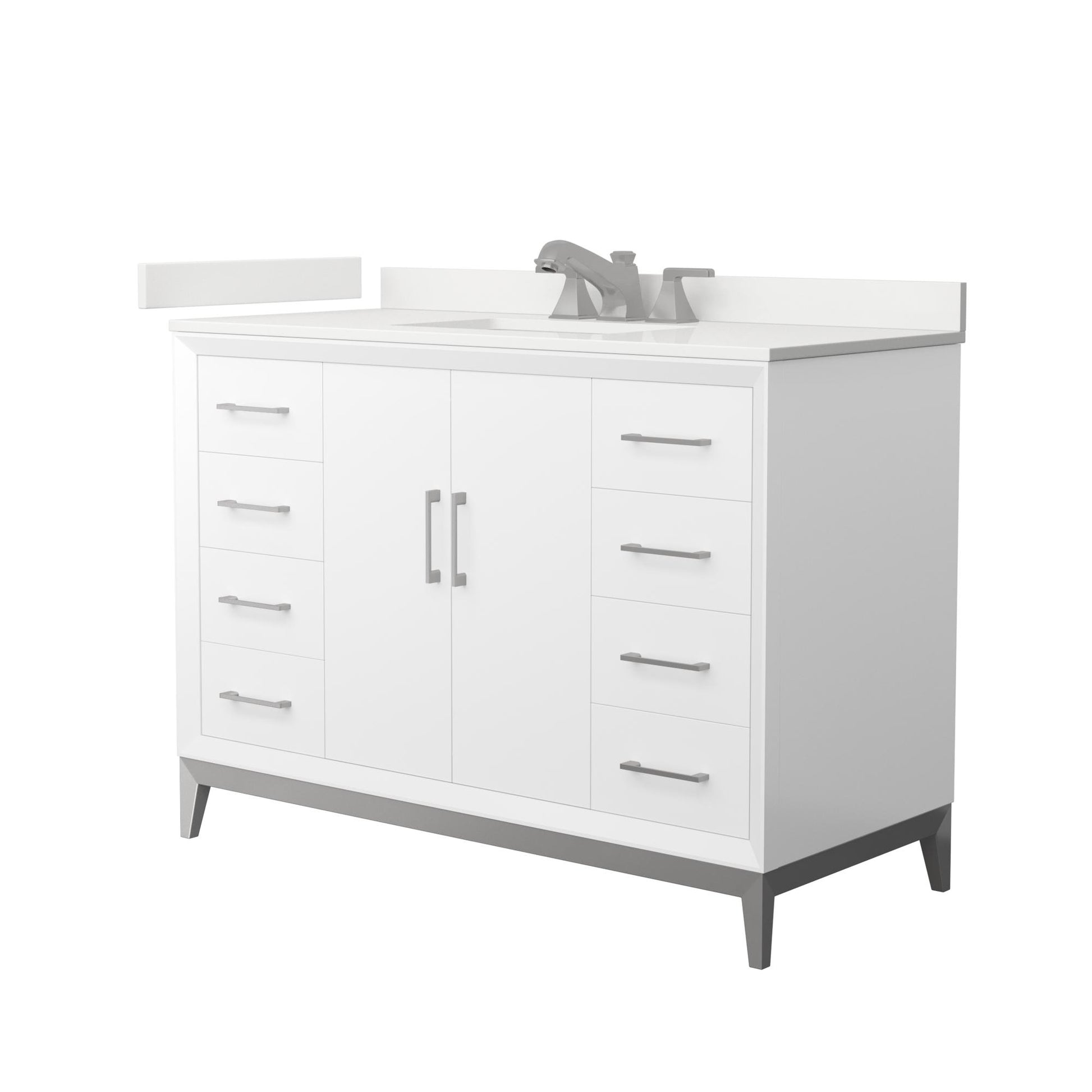 Wyndham Collection Amici 48" Single Bathroom Vanity in White, White Quartz Countertop, Undermount Square Sink (3-Hole), Brushed Nickel Trim